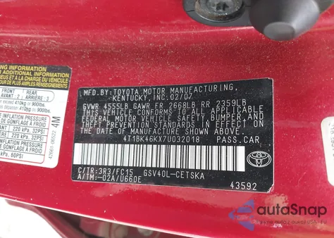 2007 Toyota Camry Se V6 from USA, damaged, VIN 4T1BK46KX7U032018